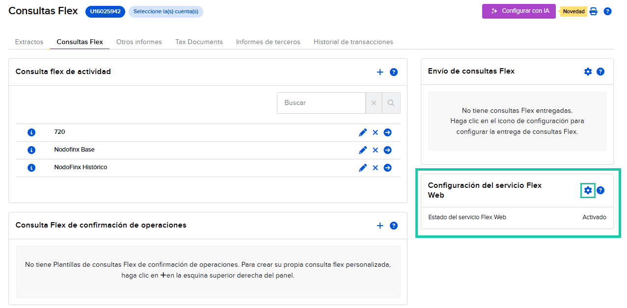 Pantalla de Consultas Flex de Interactive Brokers con el bloque de Flex Web Service Configuration destacado.