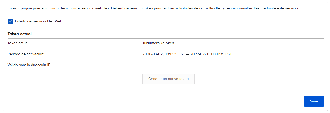 Pantalla de configuración del servicio Flex Web de Interactive Brokers con el estado activado y el token actual.