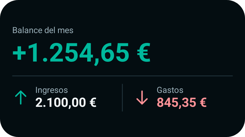 Widget de Android con balance del mes, ingresos y gastos de ejemplo