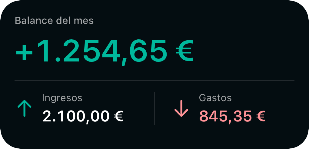 Widget de iPhone con balance del mes, ingresos y gastos de ejemplo