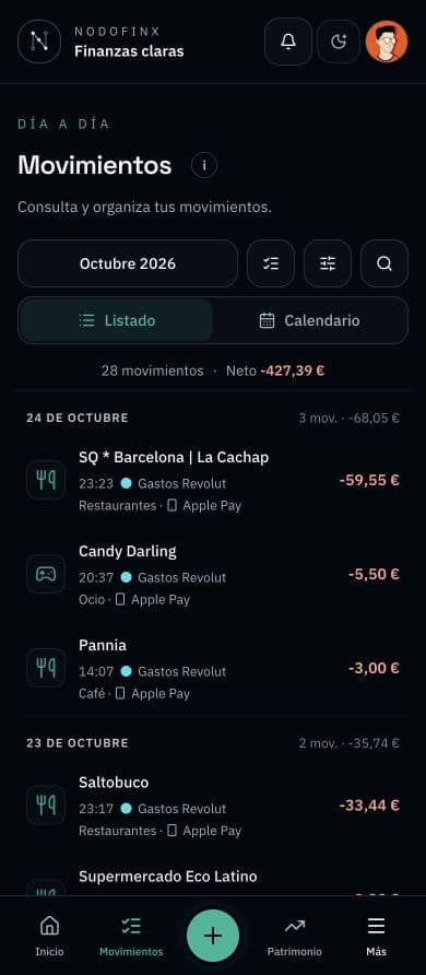 Pantalla real de Movimientos de NodoFinx en formato móvil