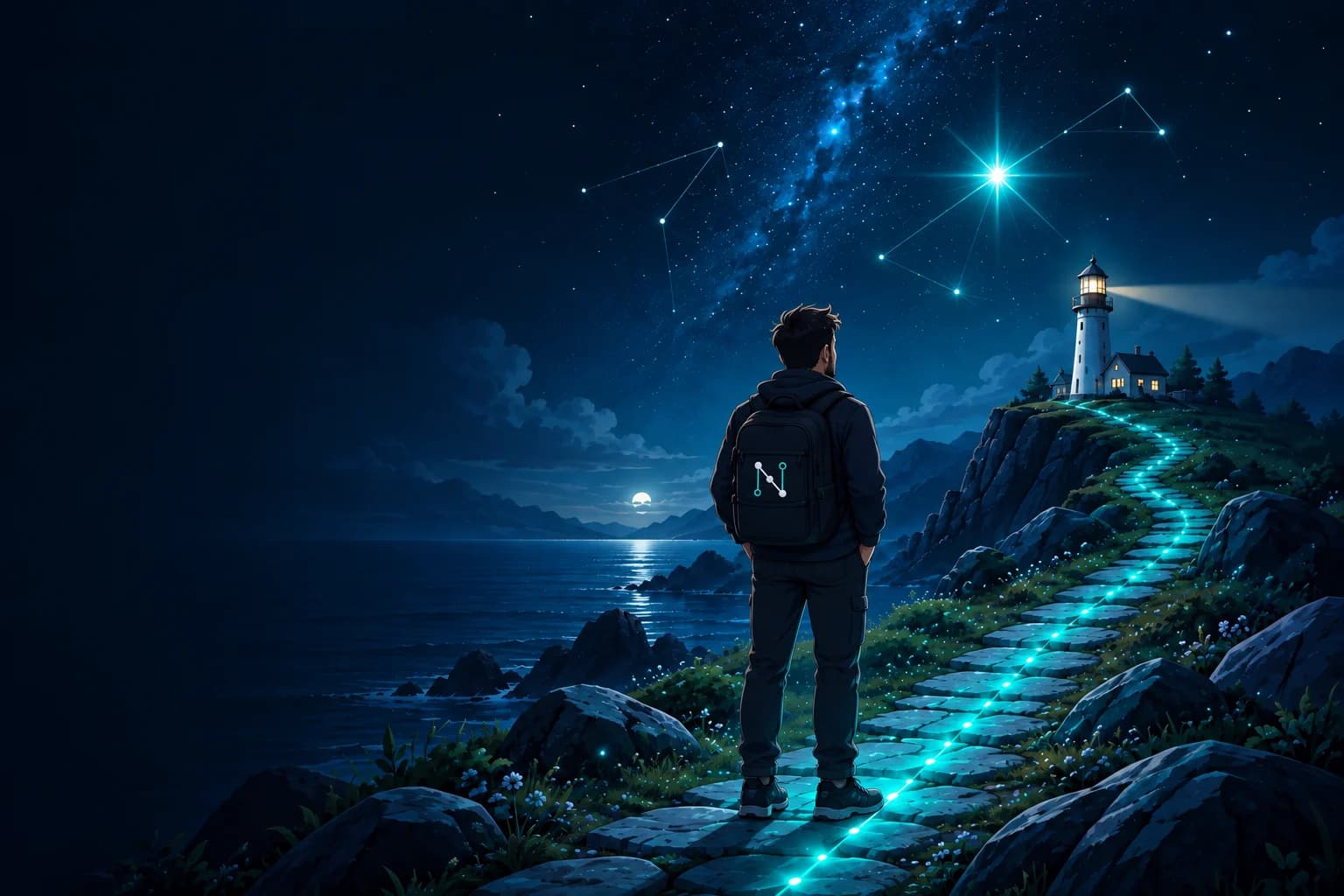 Un viajero adulto sigue un camino junto al mar hacia un faro bajo las estrellas.